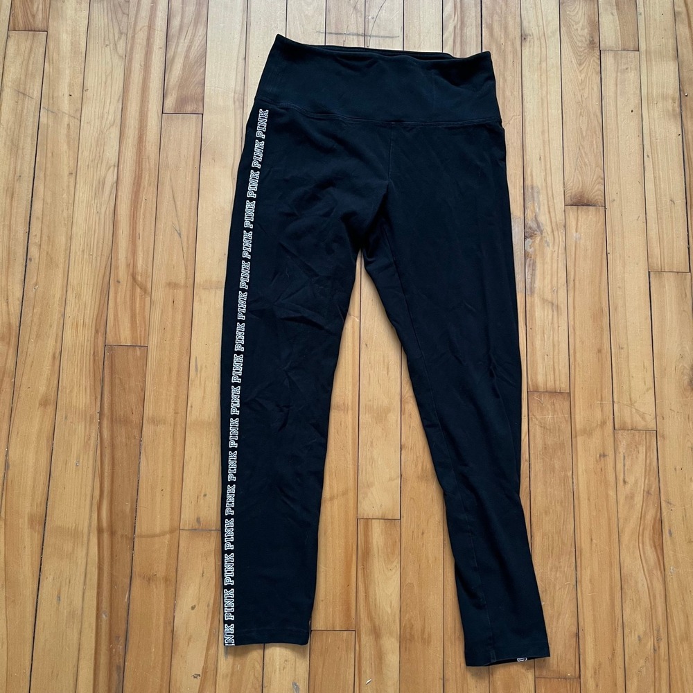Victoria's Secret PINK Black Logo Tape High Waisted Leggings Womens Large